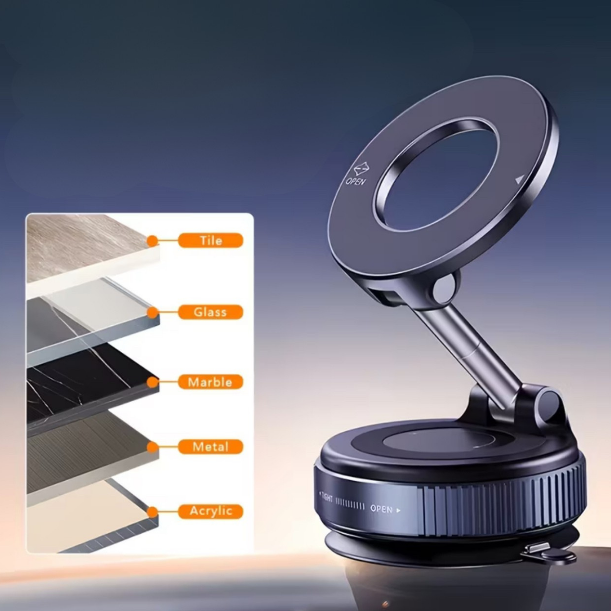 Soporte giratorio plegable con ventosa magnética 360°